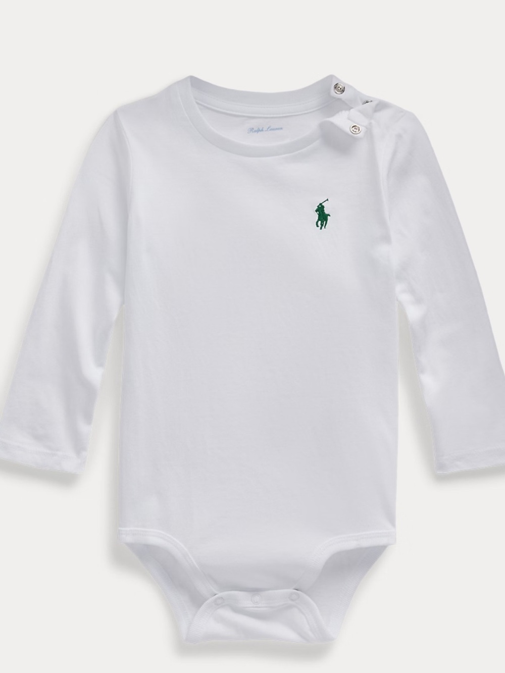 Ralph Lauren White Long-Sleeve Baby Bodysuit with Green Polo Pony